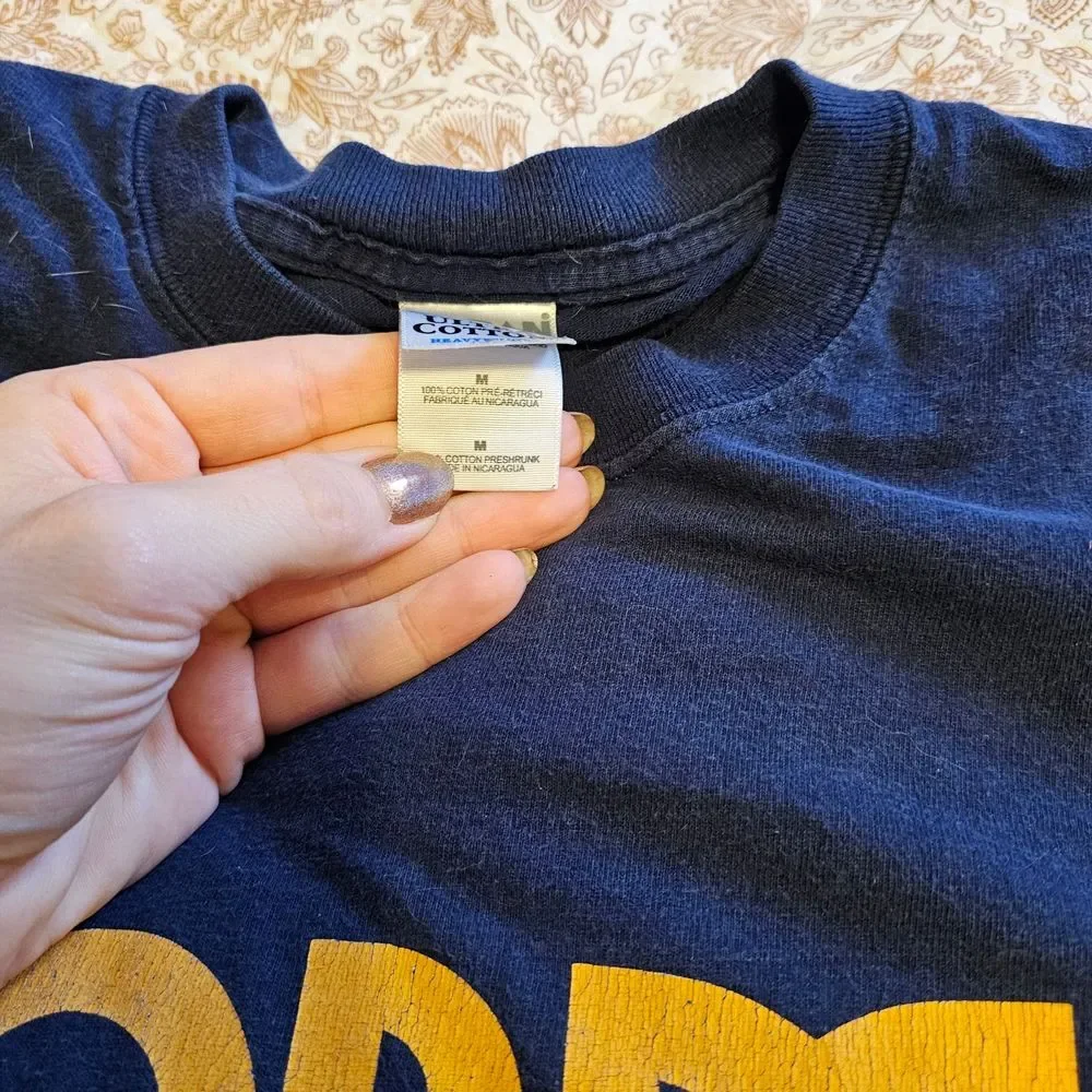Gildan Dark Blue Tee with Yellow Print - Picture 3 of 4